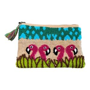 America & Beyond Flamingo Embroidered Tassel Zip Clutch Bag Purse